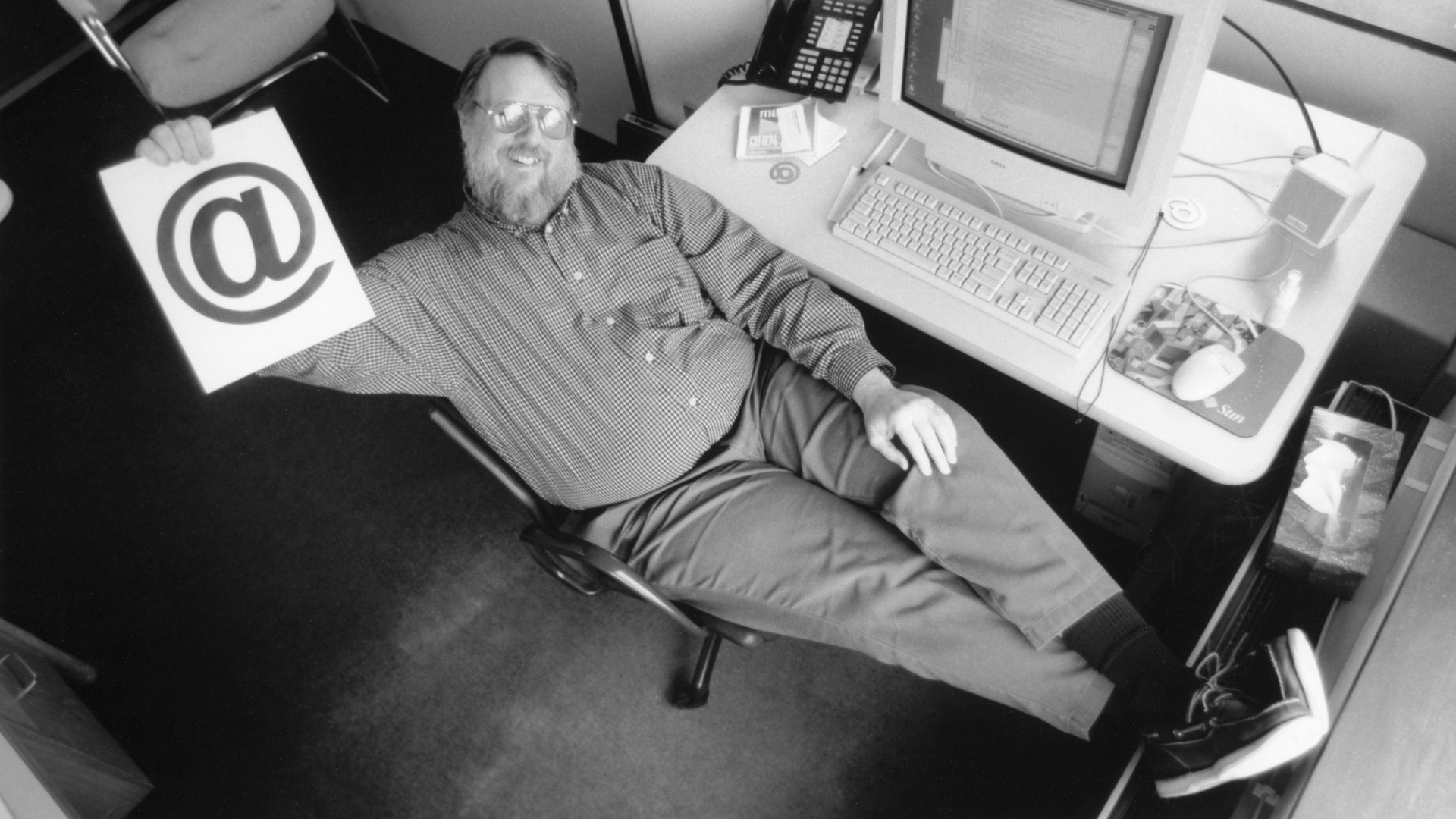 <p>Using the ‘@’ sign to separate the individual user from the receiving computer, American programmer Ray Tomlinson implements the core principles of the email system that we use today.</p>